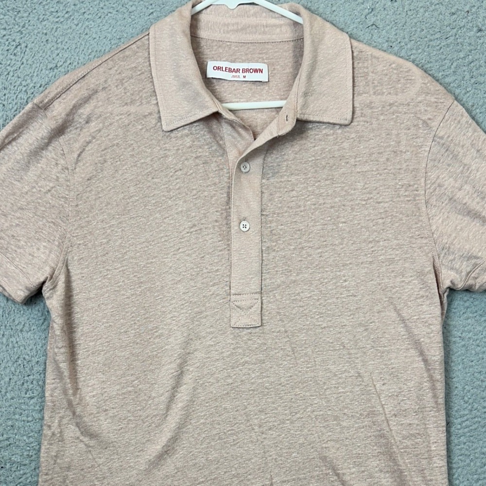 Orlebar Brown Linen Polo Shirt Mens Medium Sebastian Tan Knit Casual Rugby EUC